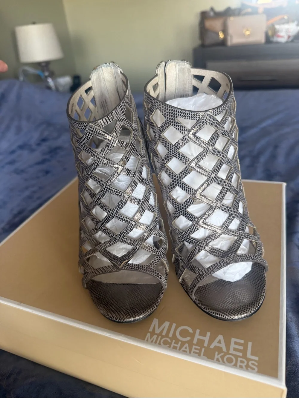 MICHAEL KORS Silver Metallic Cutout Stiletto Booties